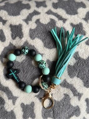 Teal and Black Tassel Keychain Wristlet with silicone Beaded keychain